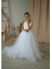 White Satin Tulle Flower Girl Dress Communion Dress